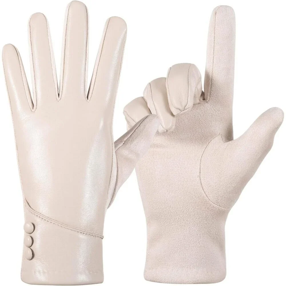 Women's Winter Leather Gloves Touch Screen Wool Lined Windproof Warm Suede White
